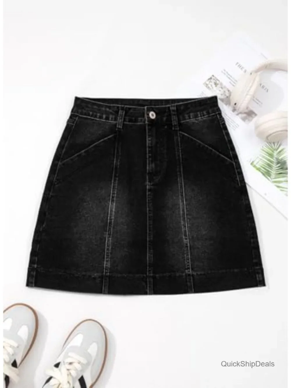 High Waisted Stretch Mini Denim Skirt with Pockets, Trendy Front Seam